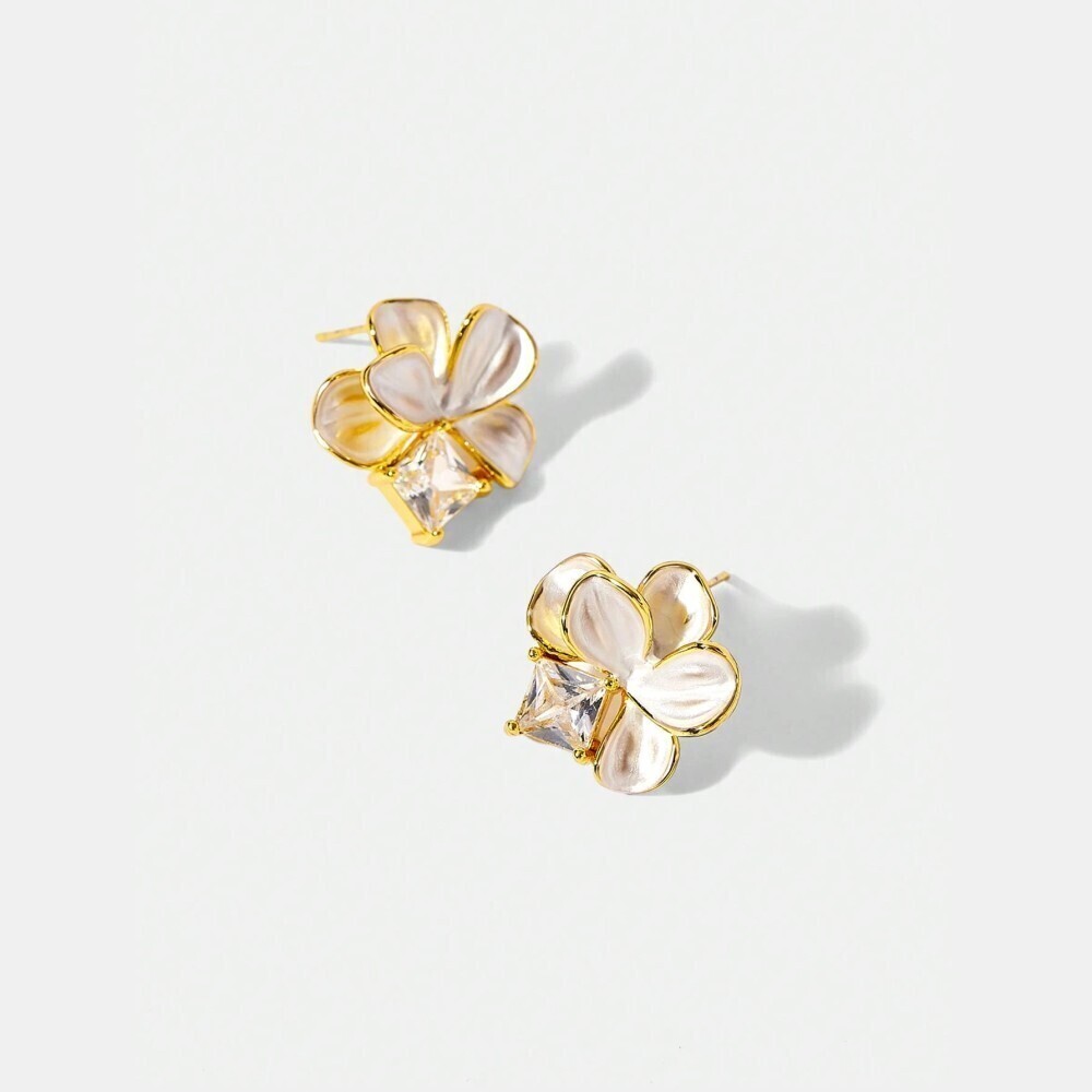 Gold Cream Enamel Flower Stud Earrings with Crystal Accent